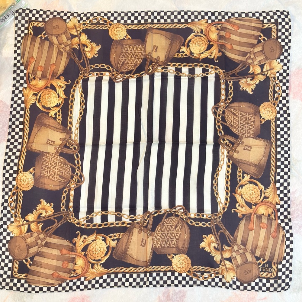 Fendi Brown and Gold Patterned Scarf cotton